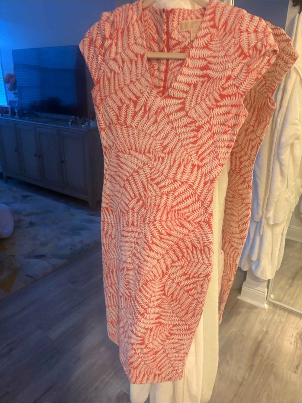MICHAEL Michael Kors Coral and White Patterned Cap-Sleeve Sheath Dress